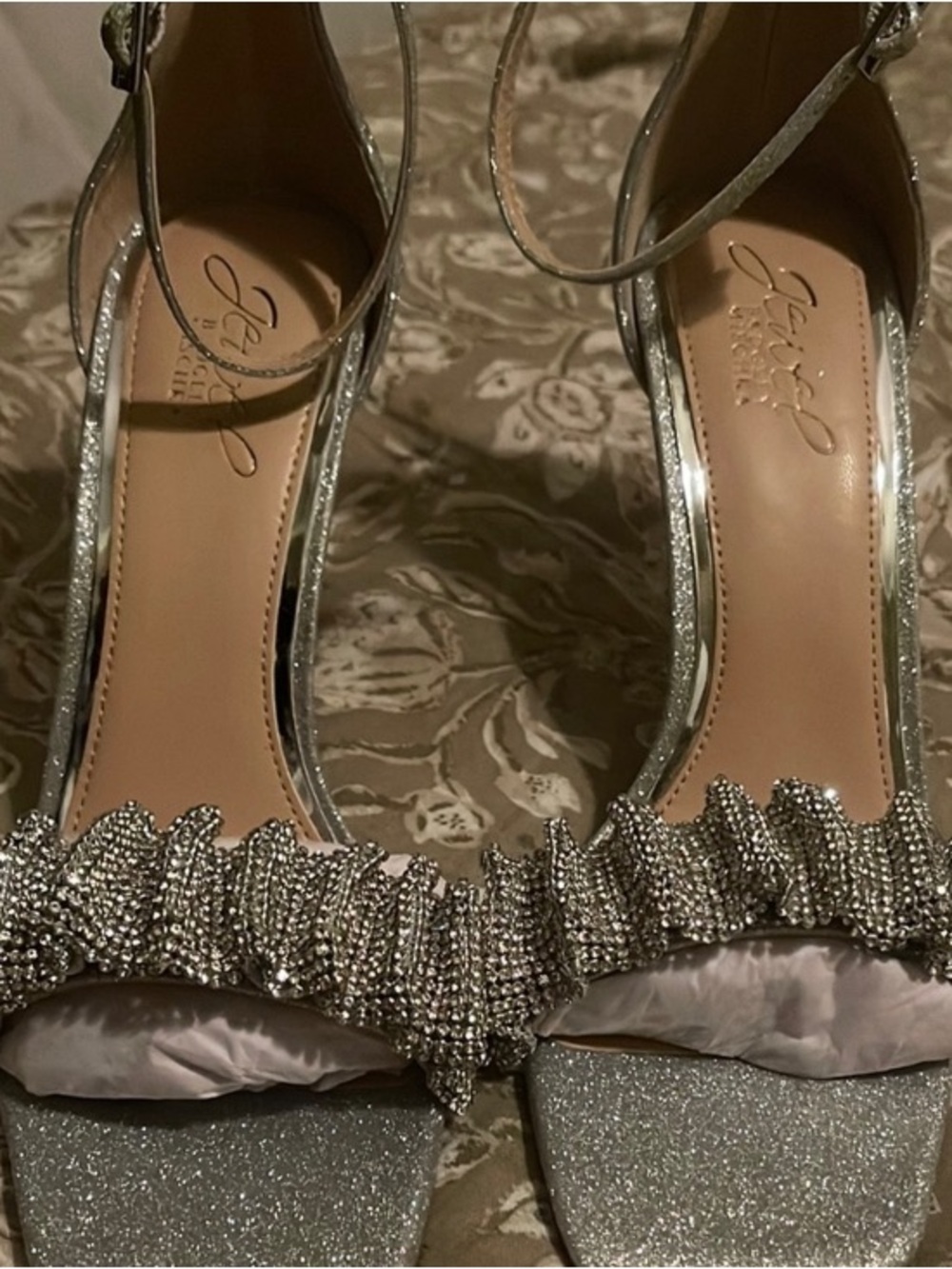 Badgley Mischka Silver Jeweled Ruffle Slingback Sandals